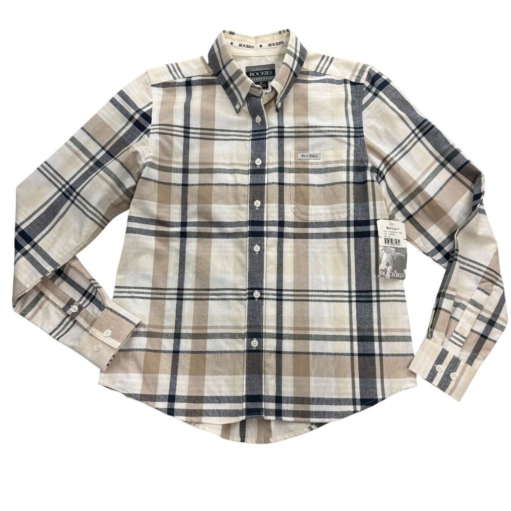 Rockies Shirt Womens M Western Plaid Tan Navy Button Up Long Sleeve Cowgirl NWT